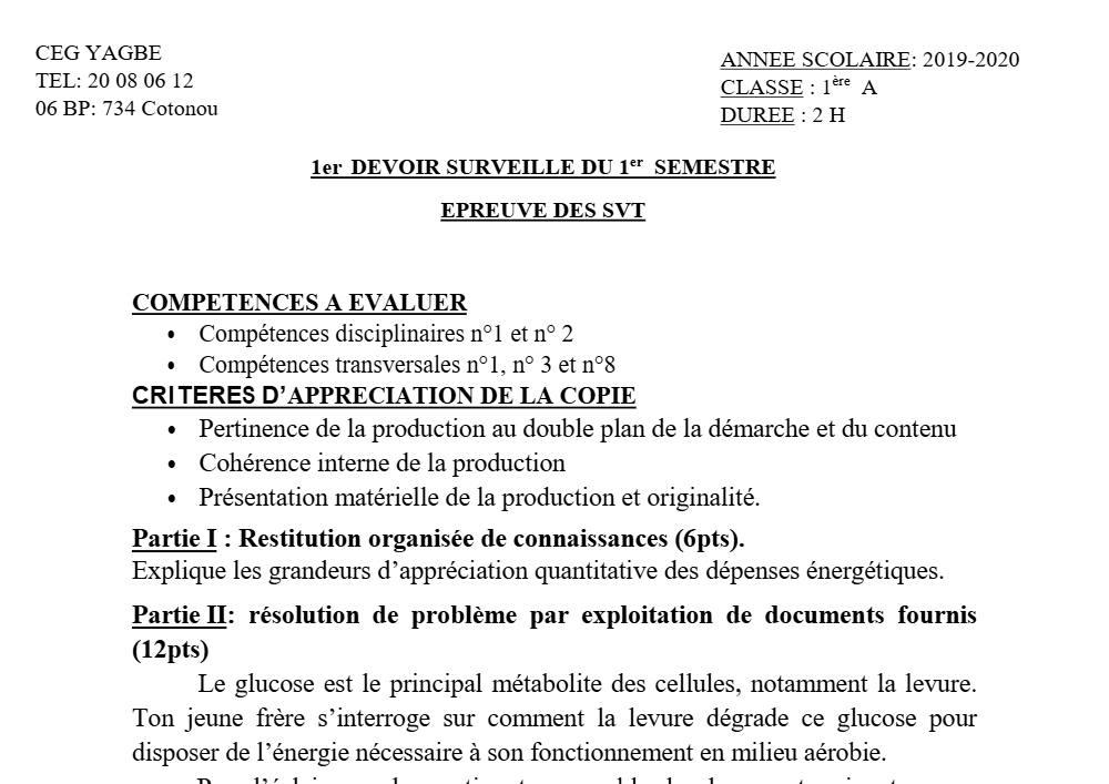Aperçu de la première page — 1ère A SVT Devoir 1 Semestre 1 CEG Yagbe 2019 2020