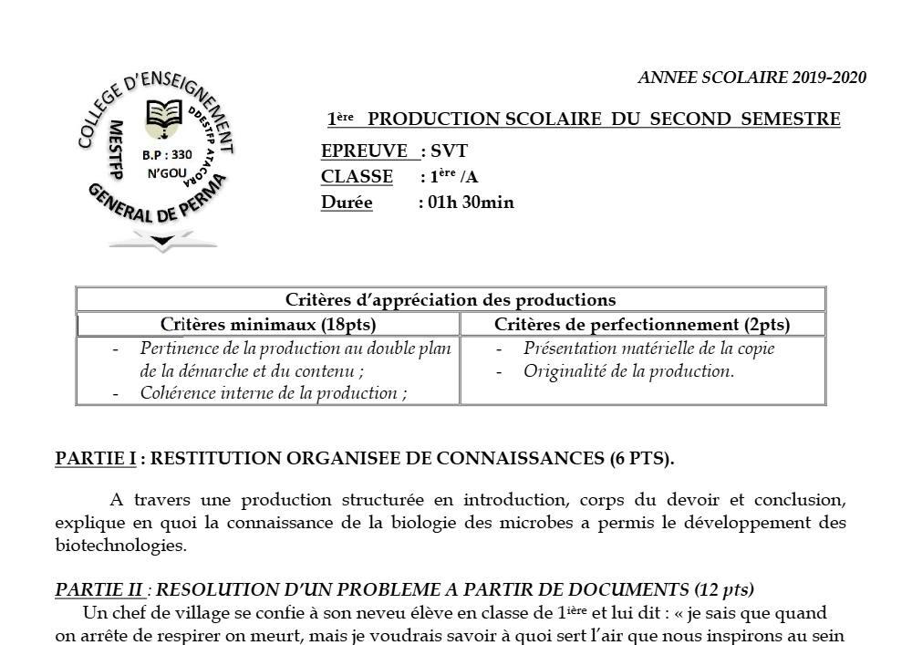 Aperçu de la première page — 1ère A SVT Devoir 1 Semestre 2 CEG Perma 2019 2020