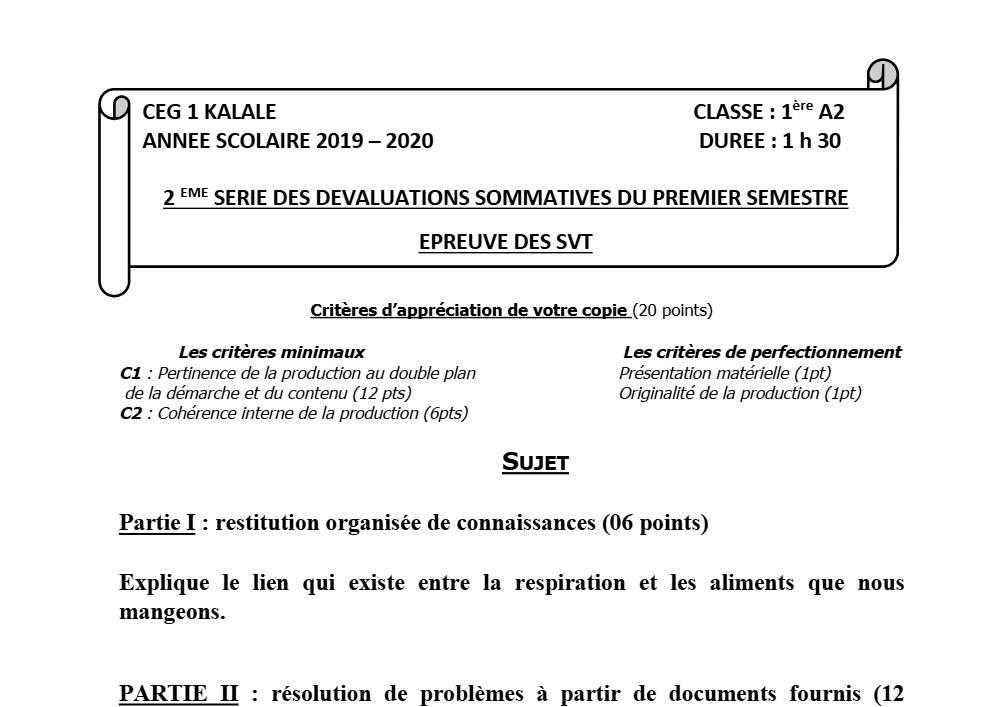 Aperçu de la première page — 1ère A SVT Devoir 2 Semestre 1 CEG1 Kalalé 2019 2020