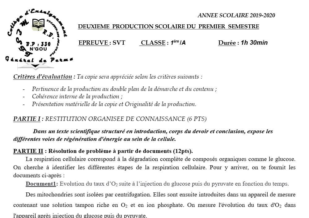 Aperçu de la première page — 1ère A SVT Devoir 2 Semestre 1 CEG Perma 2019 2020