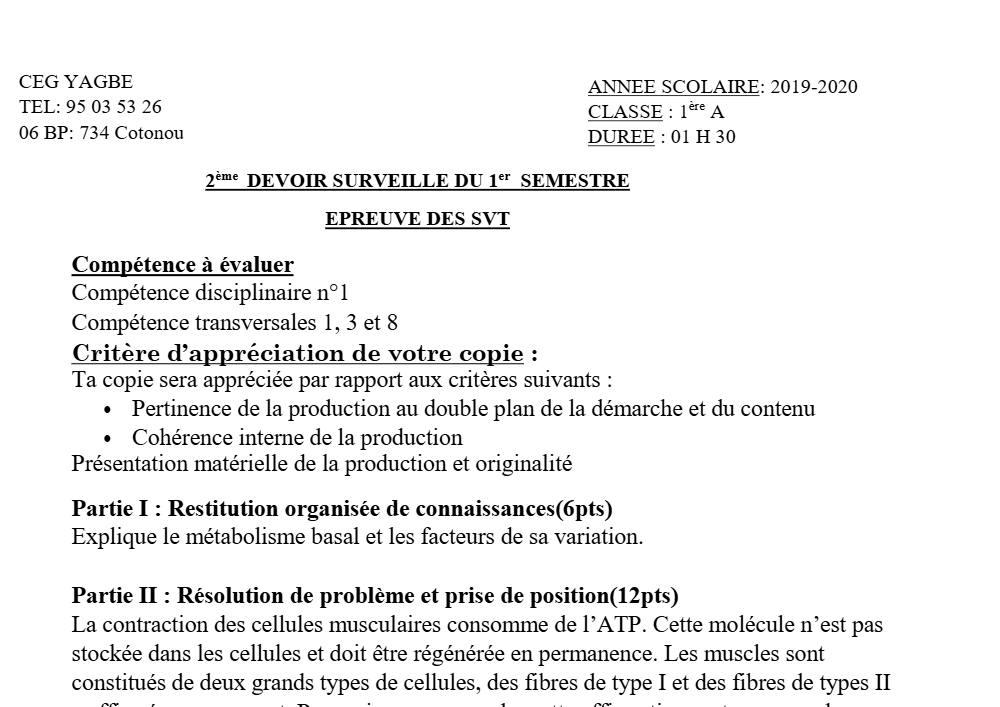 Aperçu de la première page — 1ère A SVT Devoir 2 Semestre 1 CEG Yagbe 2019 2020