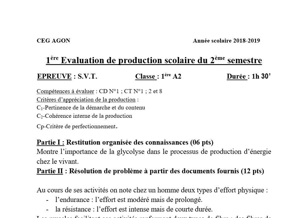 Aperçu de la première page — 1ère A2 SVT Devoir 1 Semestre 2 CEG Agon 2018 2019