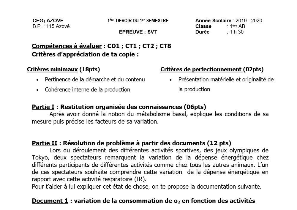 Aperçu de la première page — 1ère AB SVT Devoir 1 Semestre 1 CEG1 Azové 2019 2020