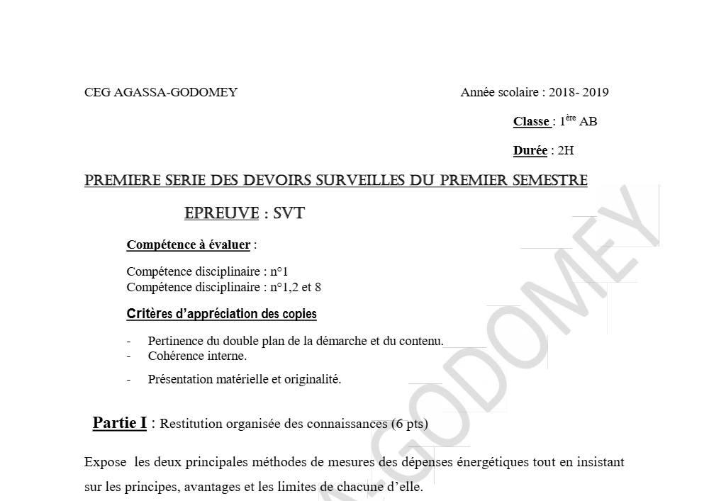 Aperçu de la première page — 1ère AB SVT Devoir 1 Semestre 1 CEG Agassa Godomey 2018 2019