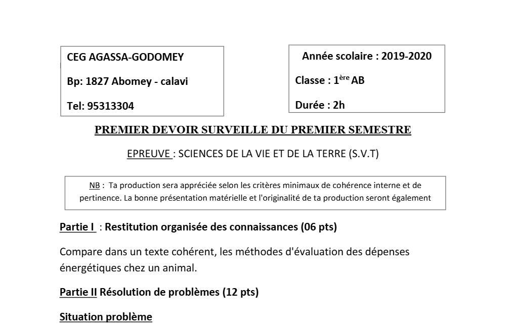 Aperçu de la première page — 1ère AB SVT Devoir 1 Semestre 1 CEG Agassa Godomey 2019 2020