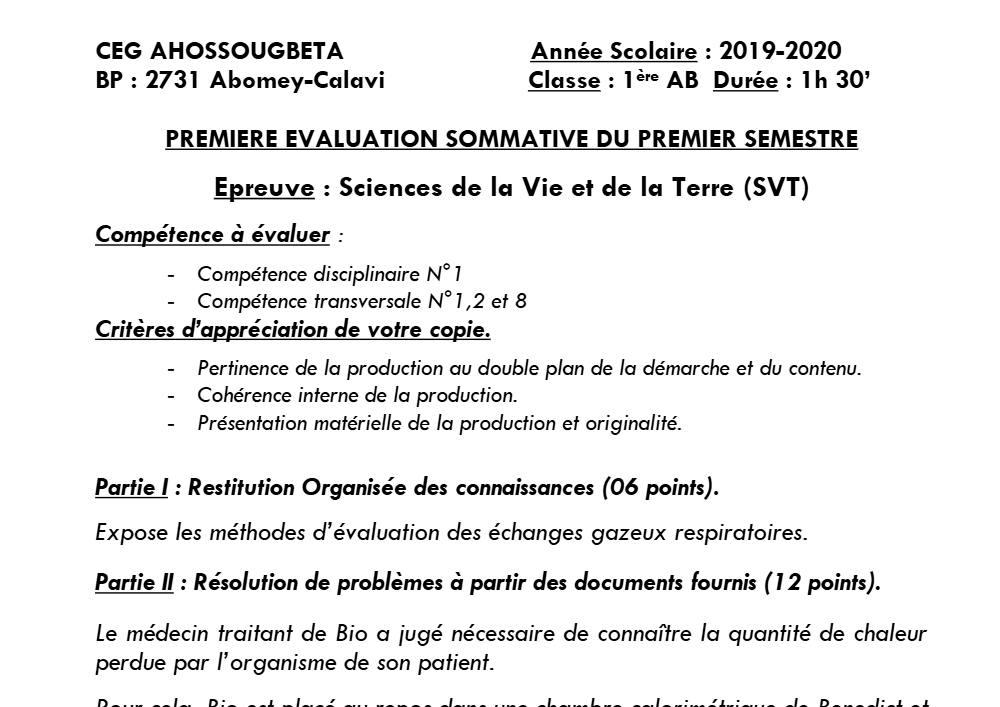 Aperçu de la première page — 1ère AB SVT Devoir 1 Semestre 1 CEG Ahossougbéta 2019 2020