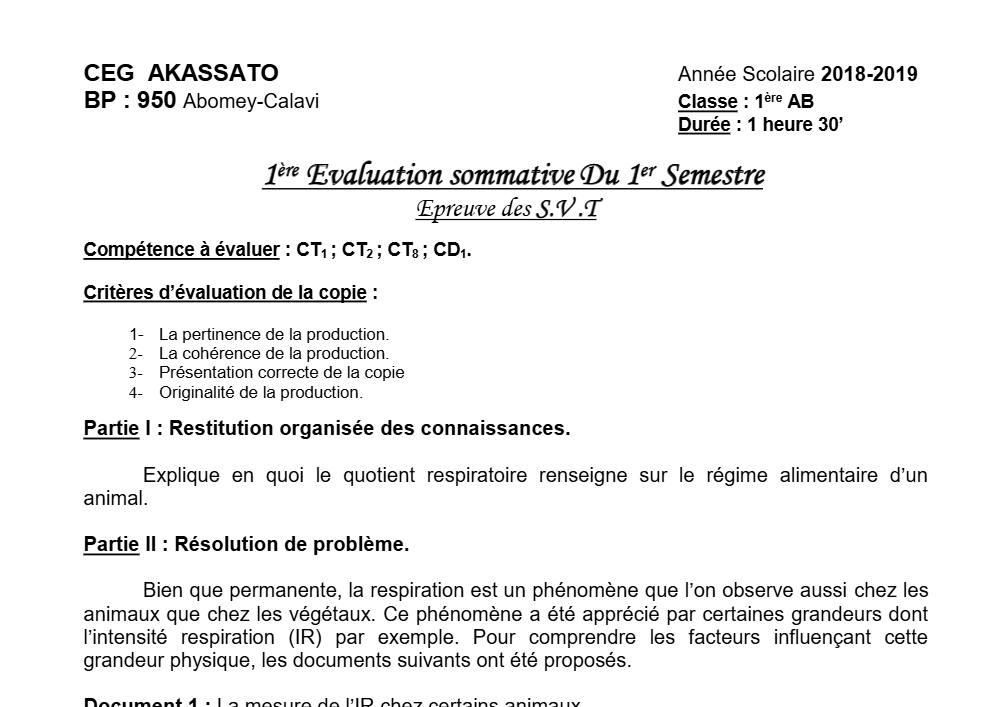 Aperçu de la première page — 1ère AB SVT Devoir 1 Semestre 1 CEG Akassato 2018 2019