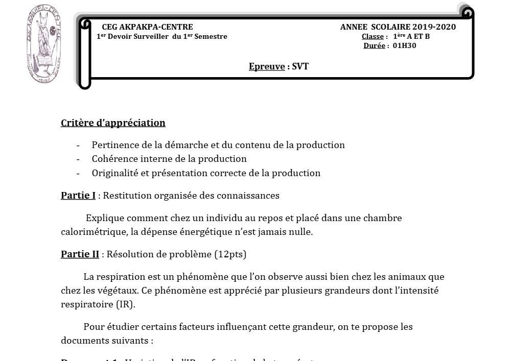 Aperçu de la première page — 1ère AB SVT Devoir 1 Semestre 1 CEG Akpakpa 2019 2020