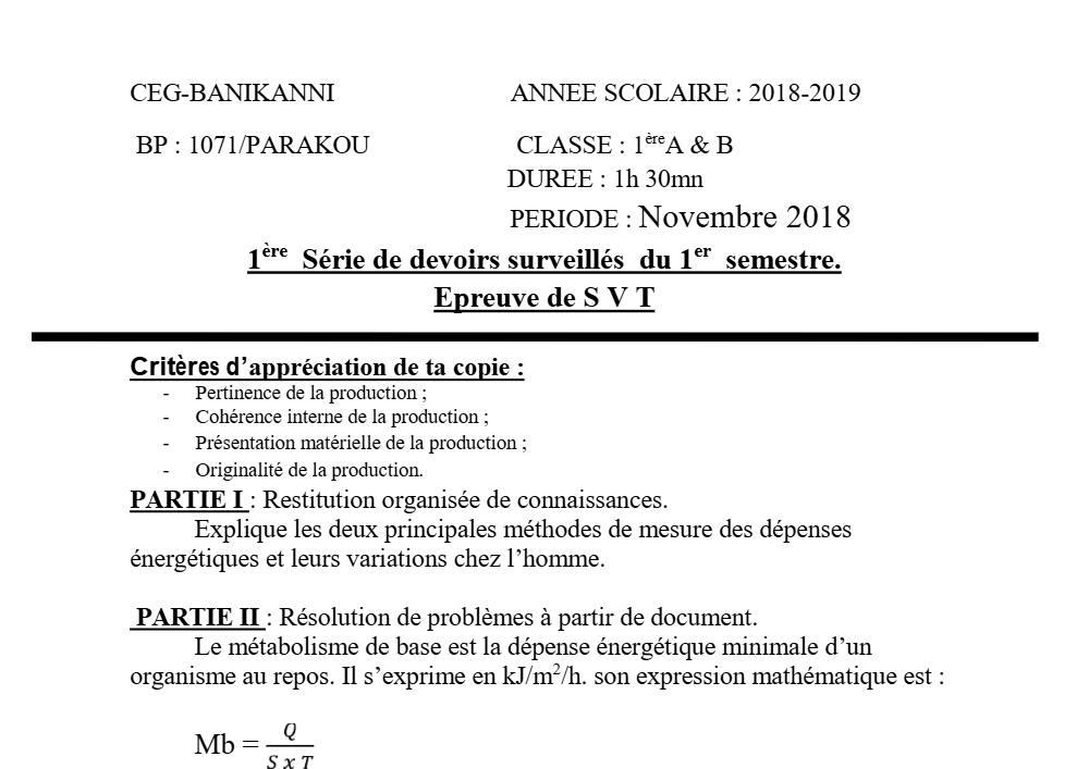 Aperçu de la première page — 1ère AB SVT Devoir 1 Semestre 1 CEG Banikanni 2018 2019