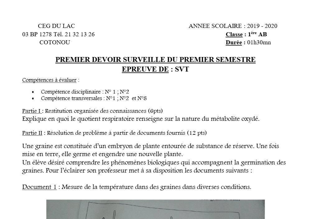 Aperçu de la première page — 1ère AB SVT Devoir 1 Semestre 1 CEG du Lac 2019 2020