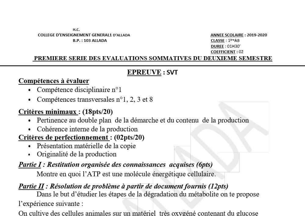 Aperçu de la première page — 1ère AB SVT Devoir 1 Semestre 2 CEG1 Allada 2019 2020