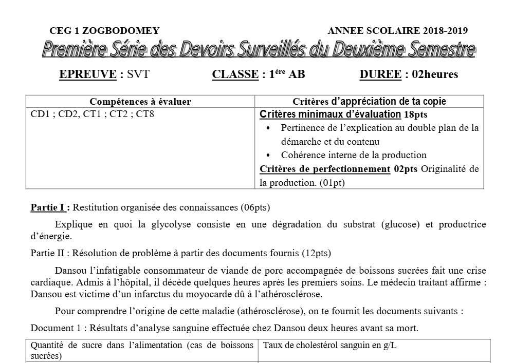 Aperçu de la première page — 1ère AB SVT Devoir 1 Semestre 2 CEG1 Zogbodomey 2018 2019