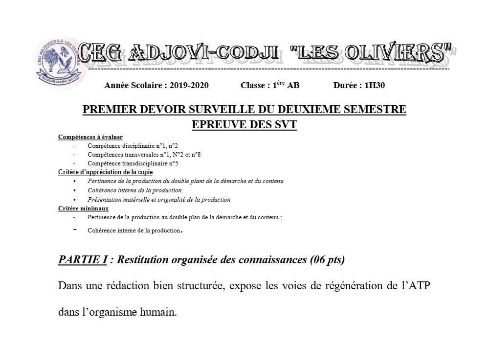 Aperçu de la première page — 1ère AB SVT Devoir 1 Semestre 2 CEG Adjovi Codji 2019 2020