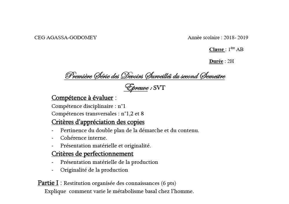 Aperçu de la première page — 1ère AB SVT Devoir 1 Semestre 2 CEG Agassa Godomey 2018 2019