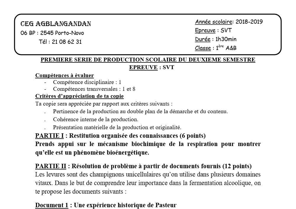 Aperçu de la première page — 1ère AB SVT Devoir 1 Semestre 2 CEG Agblangandan 2018 2019