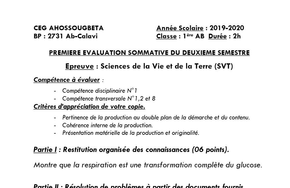 Aperçu de la première page — 1ère AB SVT Devoir 1 Semestre 2 CEG Ahossougbéta 2019 2020