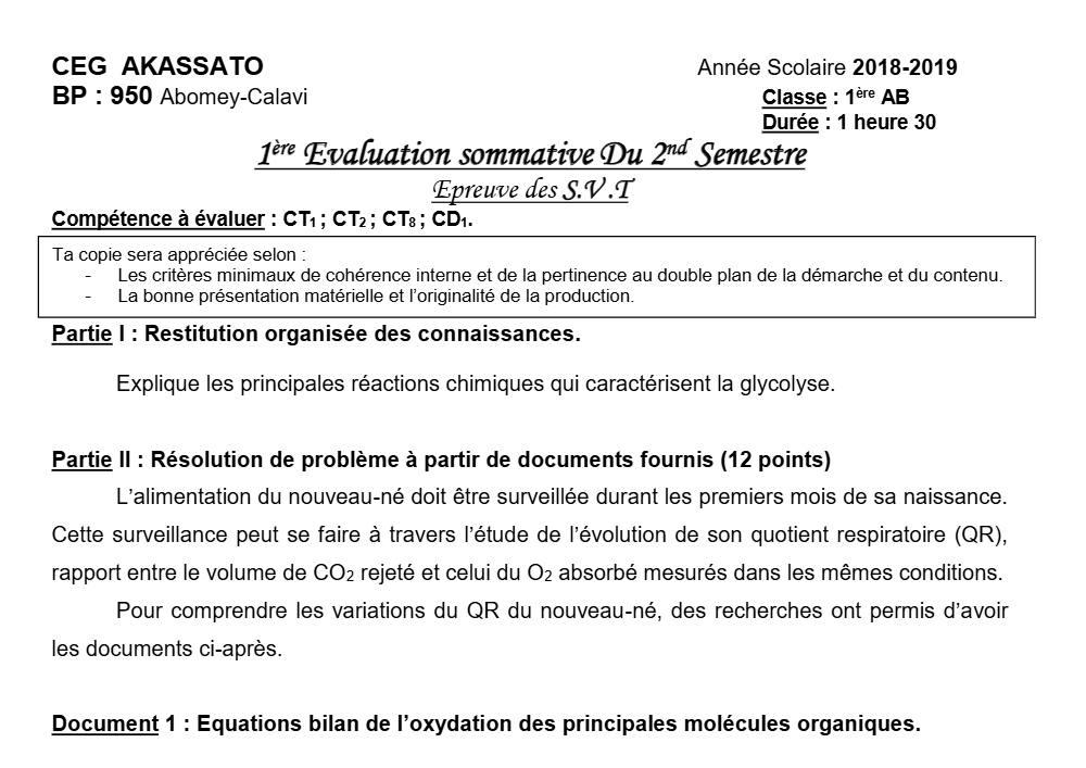 Aperçu de la première page — 1ère AB SVT Devoir 1 Semestre 2 CEG Akassato 2019 2020