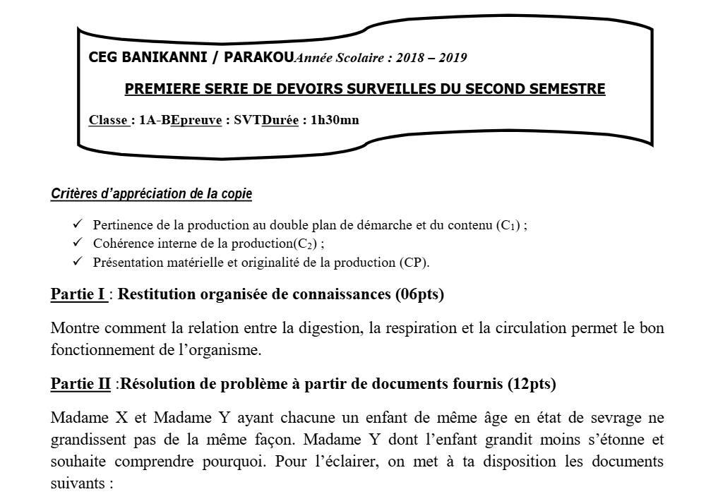Aperçu de la première page — 1ère AB SVT Devoir 1 Semestre 2 CEG Banikanni 2018 2019