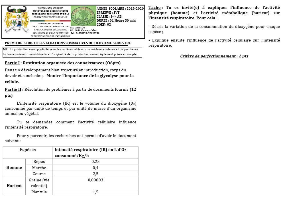 Aperçu de la première page — 1ère AB SVT Devoir 1 Semestre 2 CEG Gbessou 2019 2020