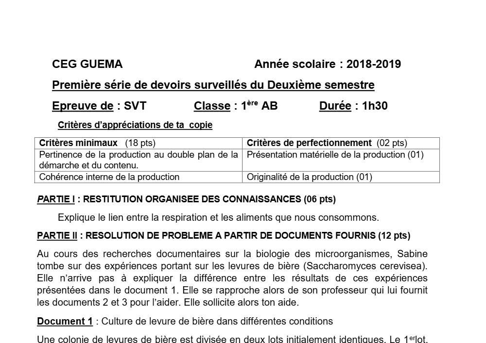 Aperçu de la première page — 1ère AB SVT Devoir 1 Semestre 2 CEG Guema 2018 2019