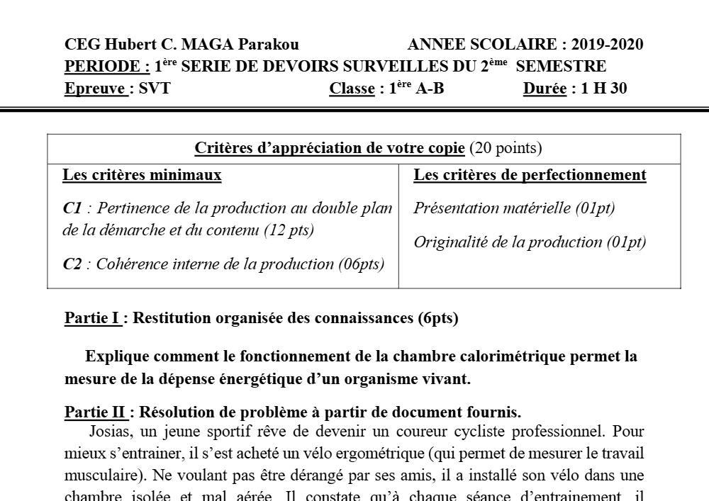 Aperçu de la première page — 1ère AB SVT Devoir 1 Semestre 2 CEG Hubert C Maga 2019 2020