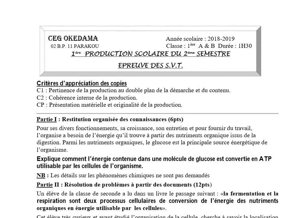 Aperçu de la première page — 1ère AB SVT Devoir 1 Semestre 2 CEG Okedama 2018 2019