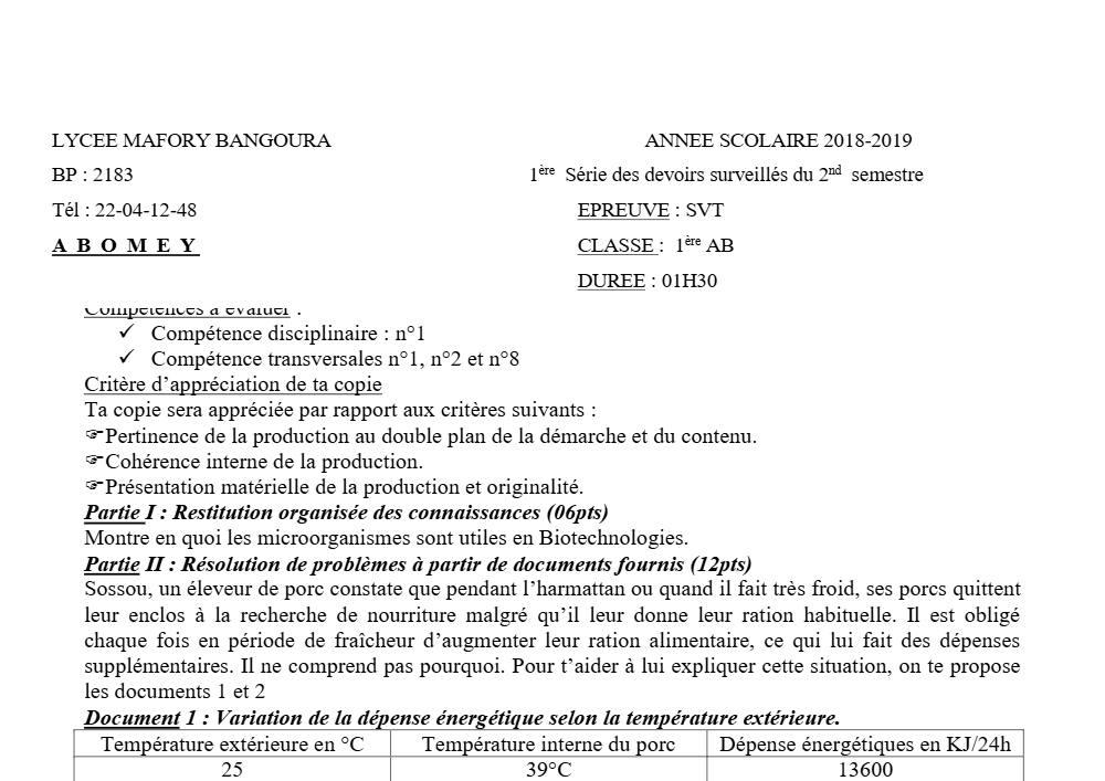 Aperçu de la première page — 1ère AB SVT Devoir 1 Semestre 2 Lycée Mafory Bangoura 2018 2019