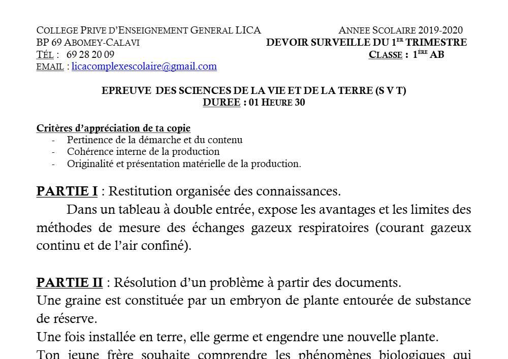 Aperçu de la première page — 1ère AB SVT Devoir 1 Trimestre 1 Cepg Lica 2019 2020