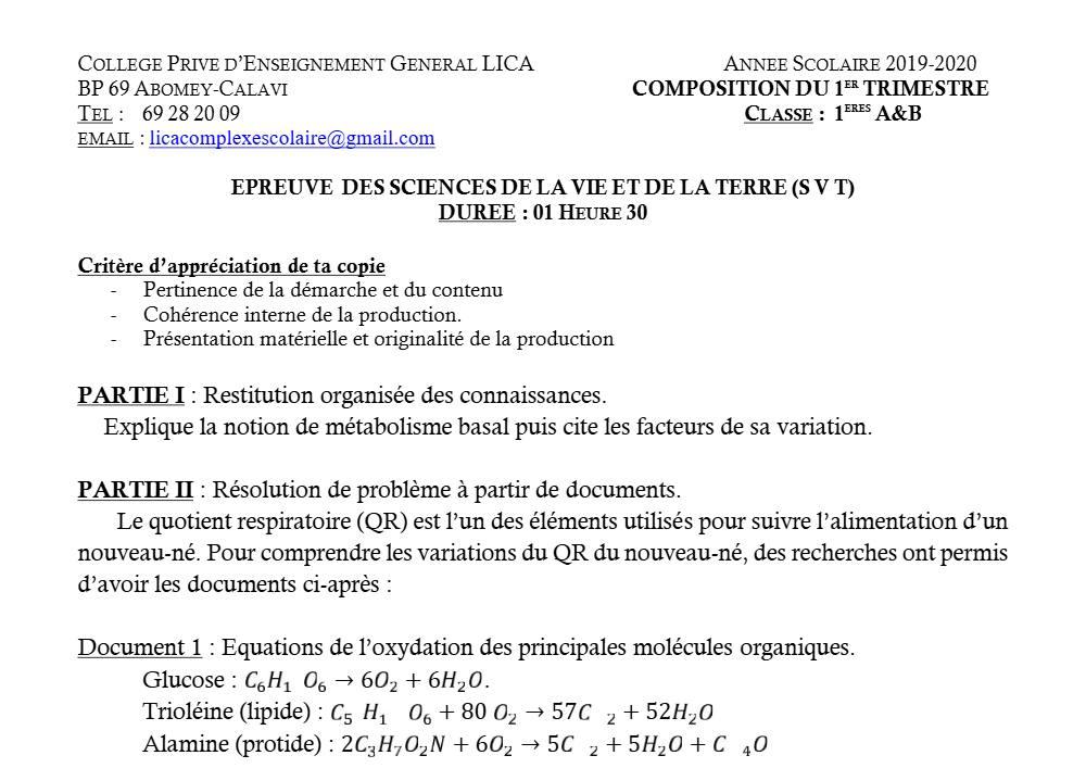 Aperçu de la première page — 1ère AB SVT Devoir 1 Trimestre 1 CPEG Lica 2019 2020
