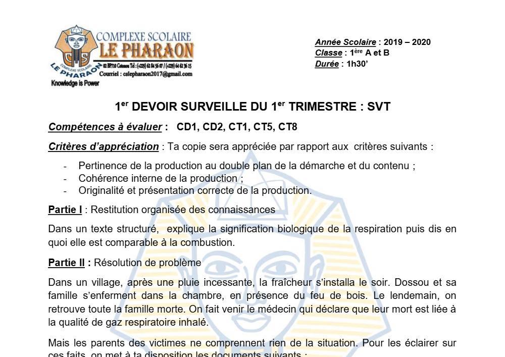 Aperçu de la première page — 1ère AB SVT Devoir 1 Trimestre 1 CS Le Pharaon 2019 2020