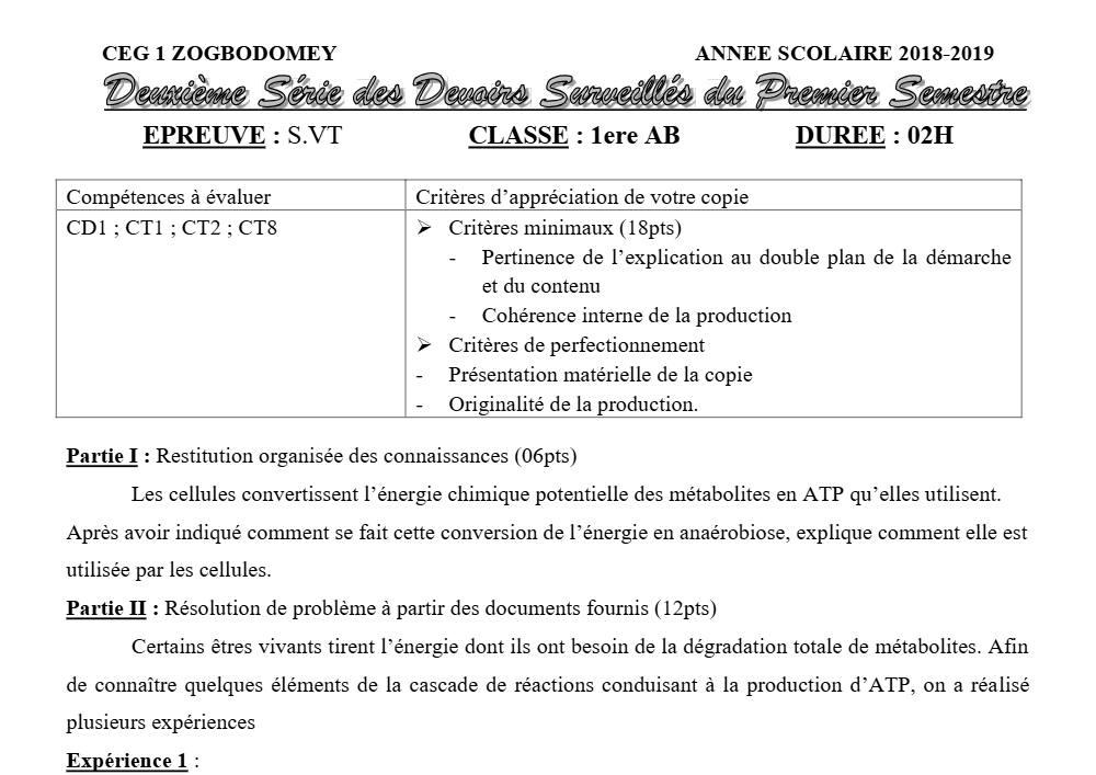 Aperçu de la première page — 1ère AB SVT Devoir 2 Semestre 1 CEG1 Zogbodomey 2018 2019