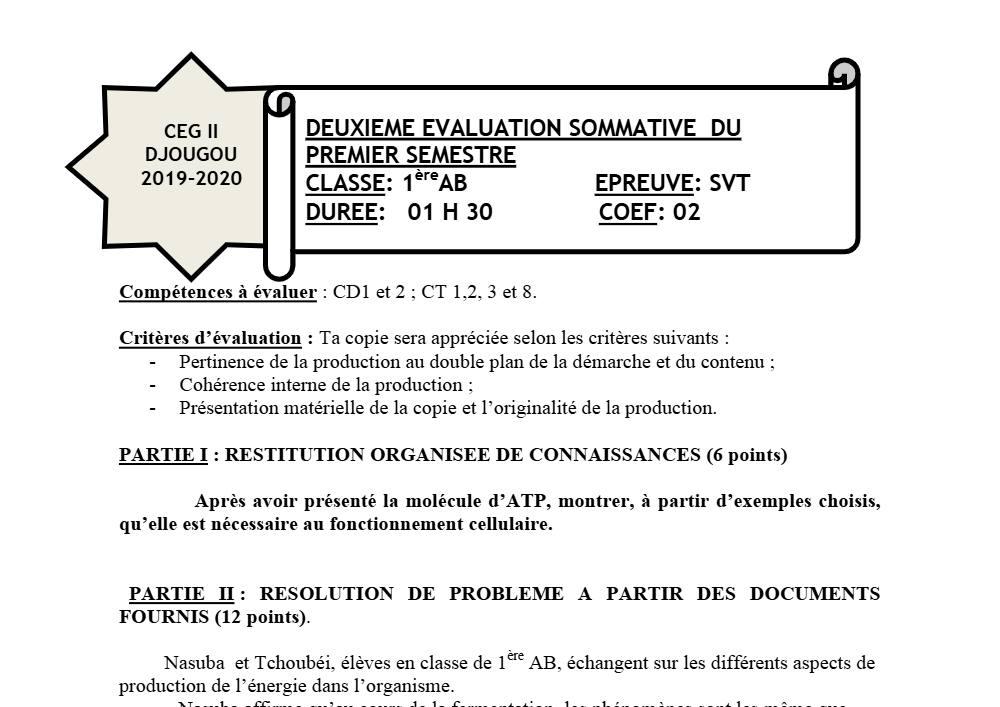Aperçu de la première page — 1ère AB SVT Devoir 2 Semestre 1 CEG2 Djougou 2019 2020