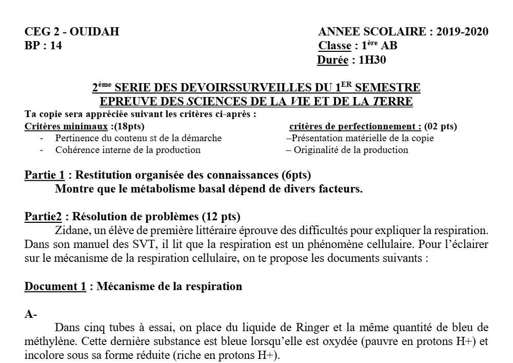 Aperçu de la première page — 1ère AB SVT Devoir 2 Semestre 1 CEG2 Ouidah 2019 2020