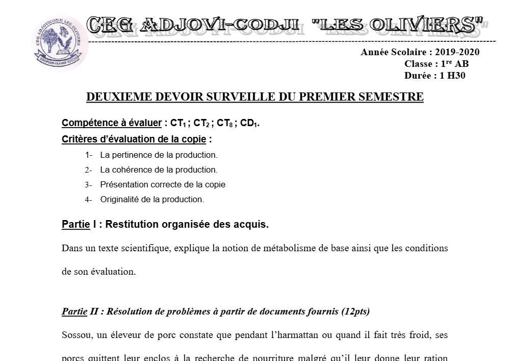 Aperçu de la première page — 1ère AB SVT Devoir 2 Semestre 1 CEG Adjovi Codji 2019 2020