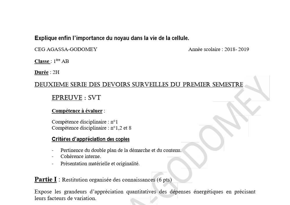 Aperçu de la première page — 1ère AB SVT Devoir 2 Semestre 1 CEG Agassa Godomey 2018 2019