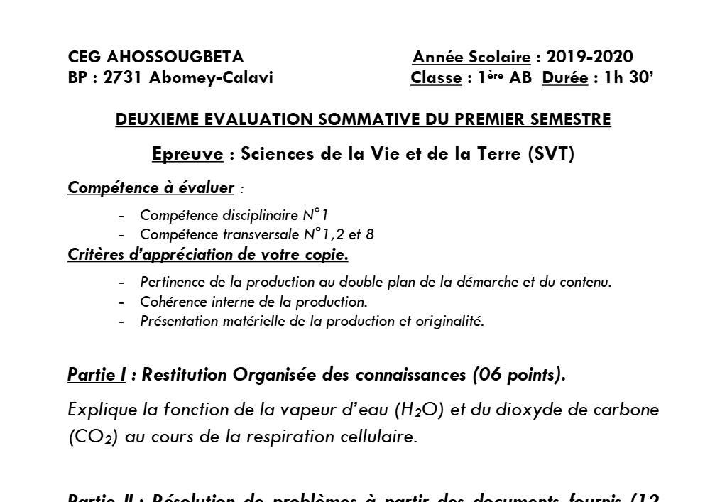 Aperçu de la première page — 1ère AB SVT Devoir 2 Semestre 1 CEG Ahossougbéta 2019 2020