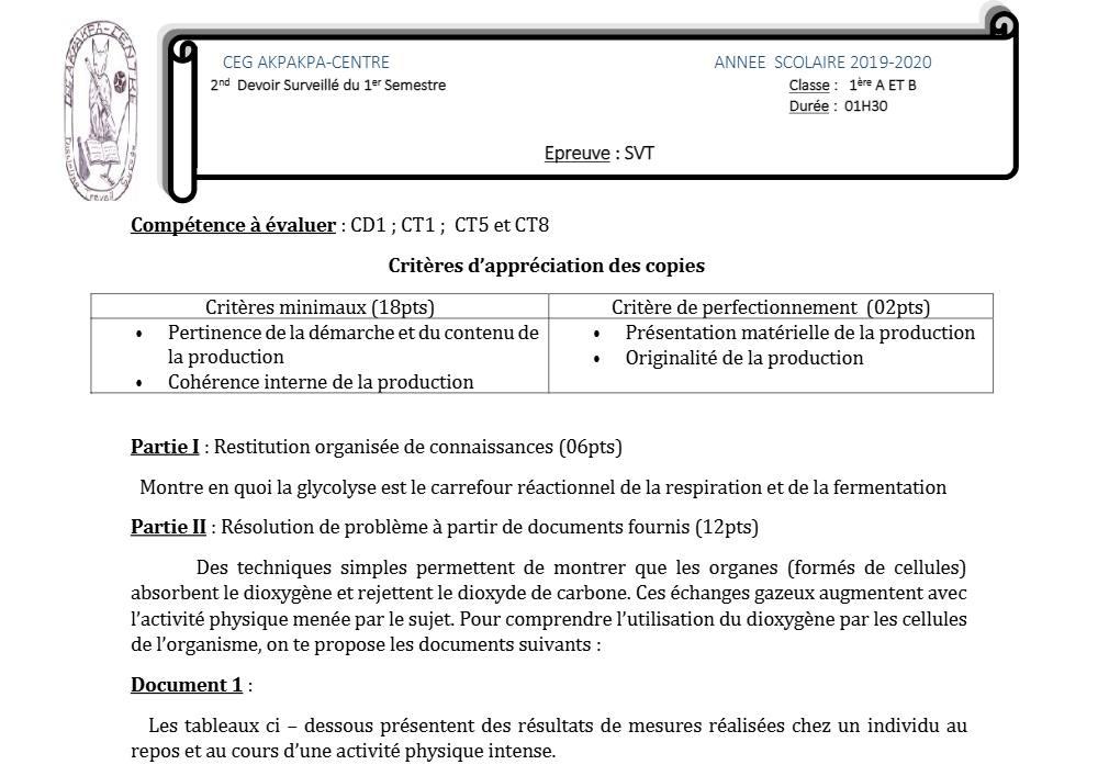 Aperçu de la première page — 1ère AB SVT Devoir 2 Semestre 1 CEG Akpakpa 2019 2020