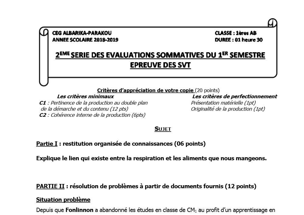 Aperçu de la première page — 1ère AB SVT Devoir 2 Semestre 1 CEG Albarika 2018 2019