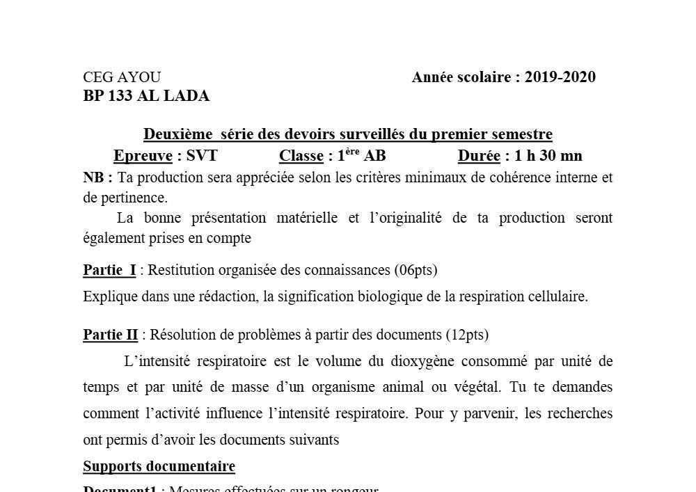 Aperçu de la première page — 1ère AB SVT Devoir 2 Semestre 1 CEG Ayou 2019 2020
