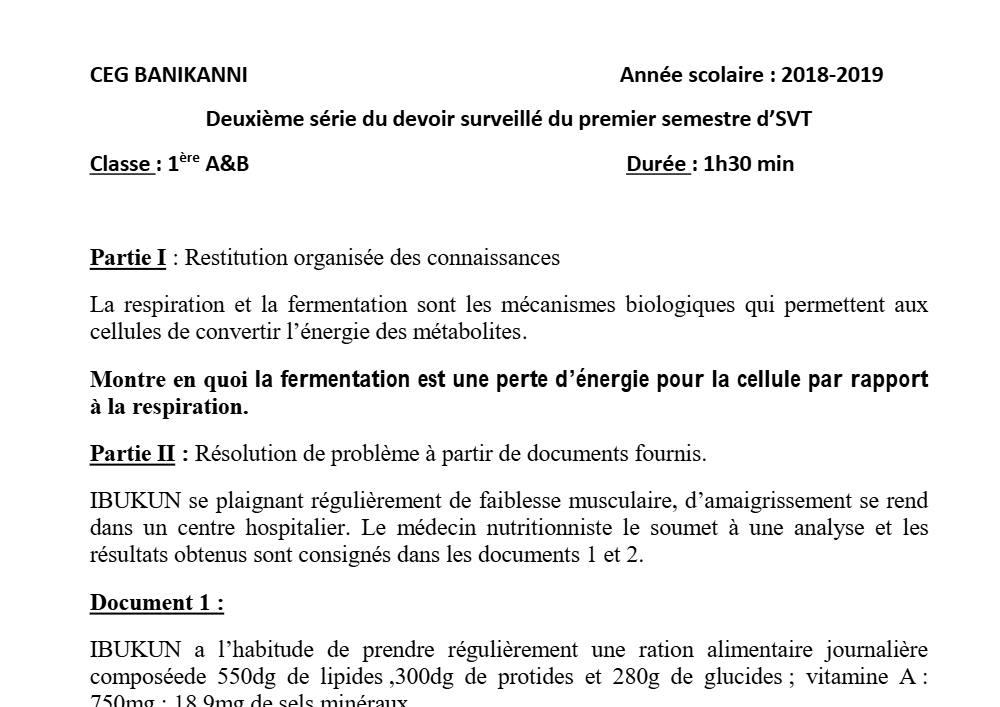 Aperçu de la première page — 1ère AB SVT Devoir 2 Semestre 1 CEG Banikanni 2018 2019