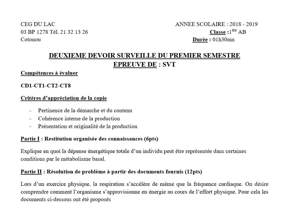 Aperçu de la première page — 1ère AB SVT Devoir 2 Semestre 1 CEG du Lac 2018 2019