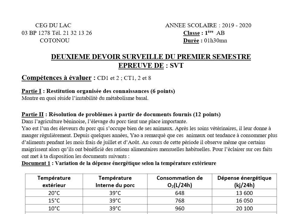 Aperçu de la première page — 1ère AB SVT Devoir 2 Semestre 1 CEG du Lac 2019 2020