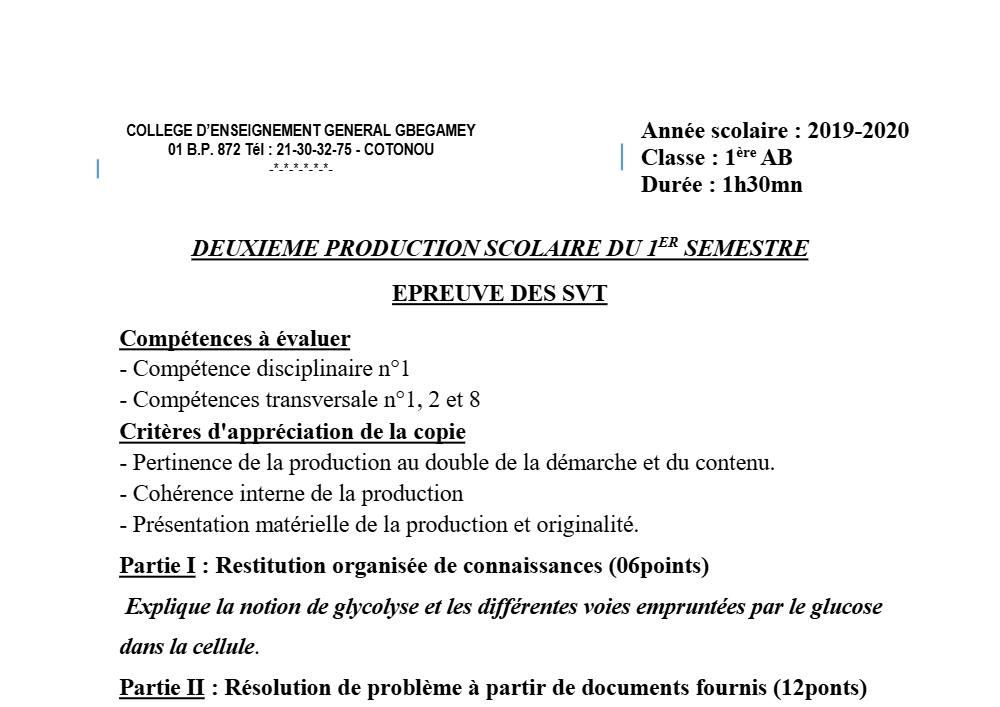 Aperçu de la première page — 1ère AB SVT Devoir 2 Semestre 1 CEG Gbégamey 2019 2020