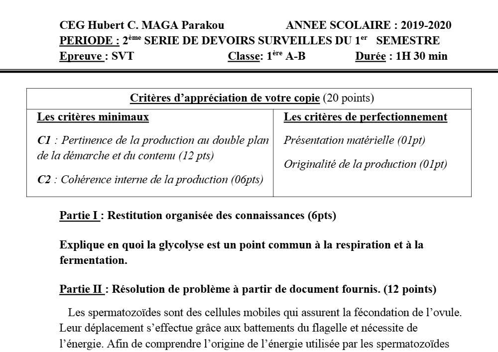 Aperçu de la première page — 1ère AB SVT Devoir 2 Semestre 1 CEG Hubert C Maga 2019 2020