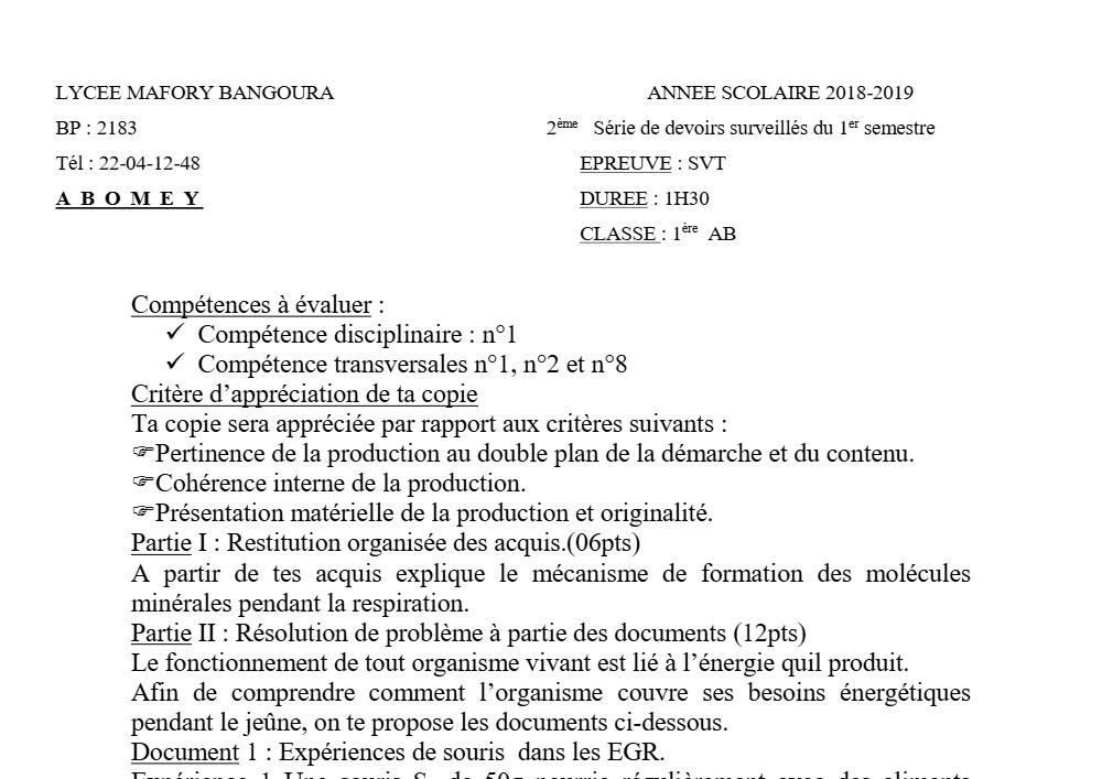 Aperçu de la première page — 1ère AB SVT Devoir 2 Semestre 1 Lycée Mafory Bangoura 2018 2019