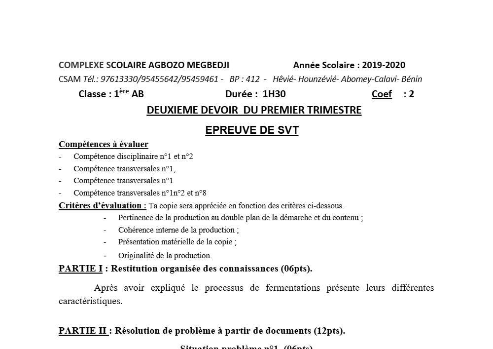 Aperçu de la première page — 1ère AB SVT Devoir 2 Trimestre 1 CS Agbozo Megbedji 2019 2020