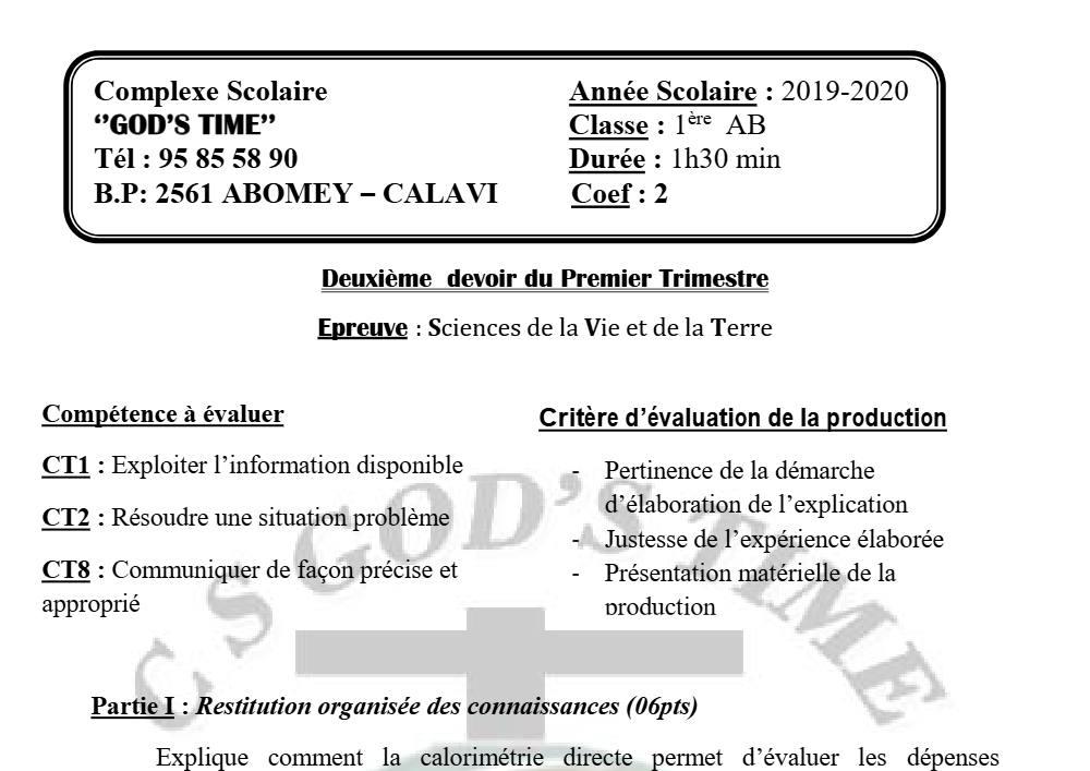 Aperçu de la première page — 1ère AB SVT Devoir 2 Trimestre 1 CS God'S Time 2019 2020