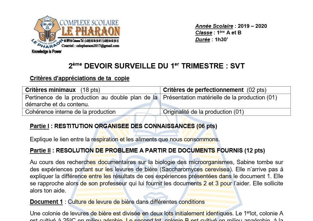 Aperçu de la première page — 1ère AB SVT Devoir 2 Trimestre 1 CS Le Pharaon 2019 2020