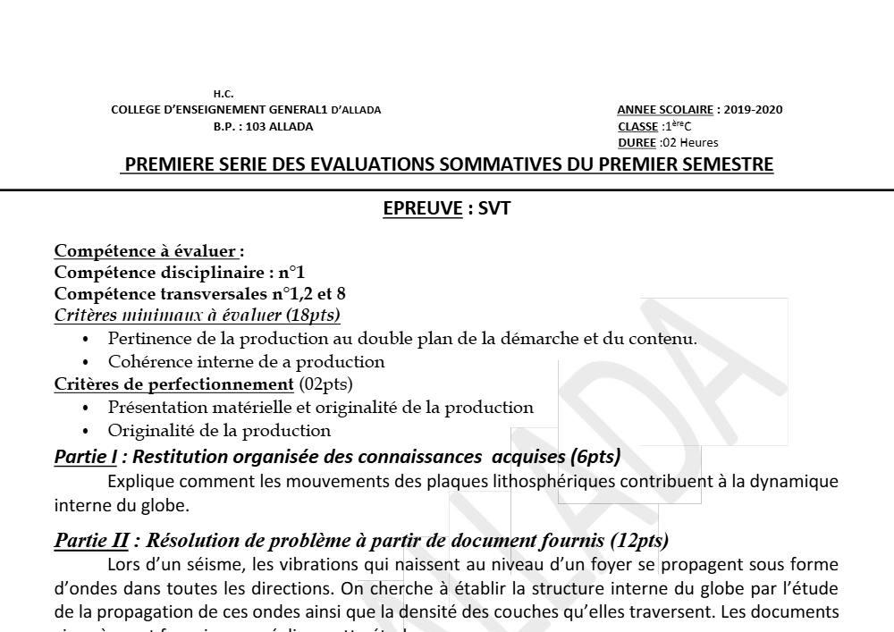 Aperçu de la première page — 1ère C SVT Devoir 1 Semestre 1 CEG1 Allada 2019 2020