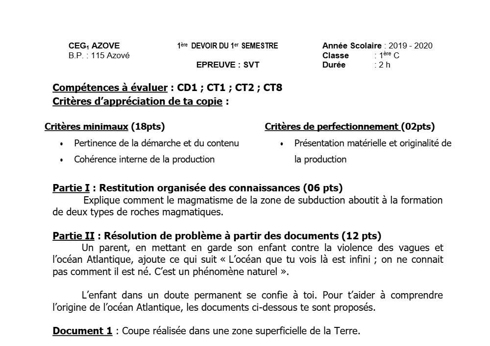 Aperçu de la première page — 1ère C SVT Devoir 1 Semestre 1 CEG1 Azové 2019 2020